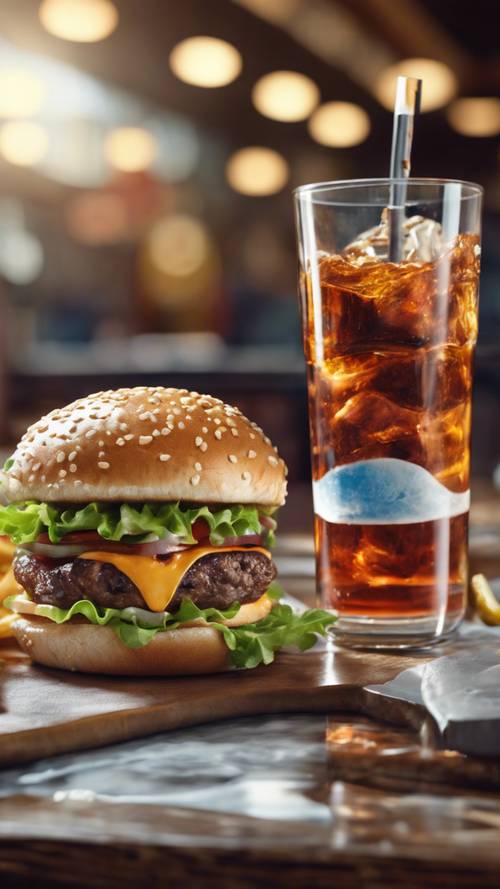 A hyper-realistic painting of a juicy, mouth-watering burger and a cold soda.