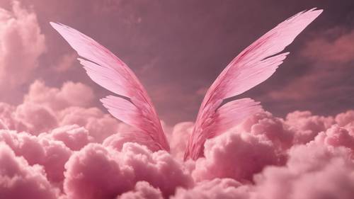Abstrakcyjny obraz różowych chmur przekształcających się w parę wdzięcznych skrzydeł.