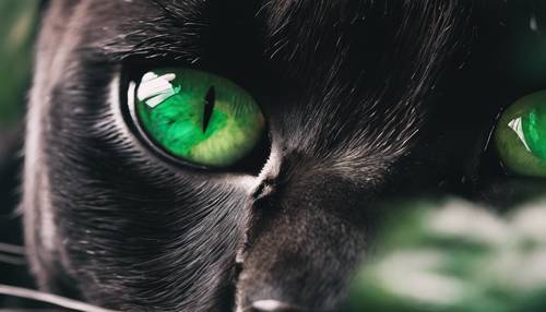 A pair of emerald green eyes, fierce and glowing, belonging to a black panther lurking in the shadows.