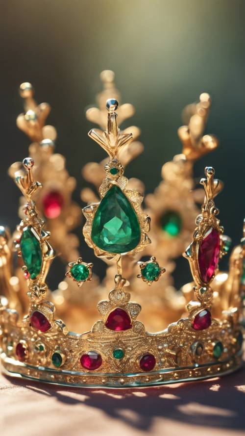 Delikatna złota korona ozdobiona rubinami i szmaragdami, skąpana w porannym świetle.