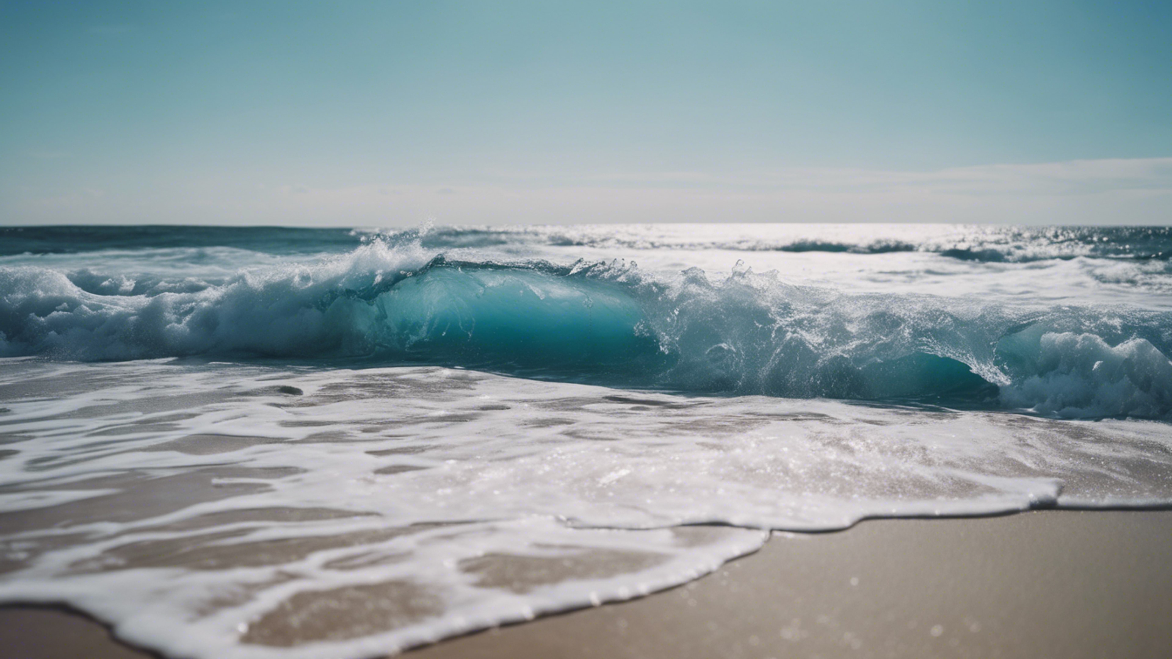 Bright yet pastel blue ocean waves calmly lapping against a deserted beach. Тапет[1ebcfb30d8d842e89fbb]