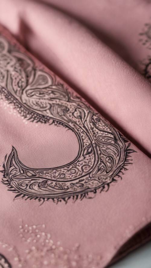 An intricately designed paisley pattern on a dusty pink cashmere scarf tossed beside a vintage leather notebook.