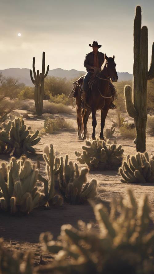Seorang koboi menunggangi kudanya di samping kaktus, keduanya berada dalam bayangan cahaya bulan.