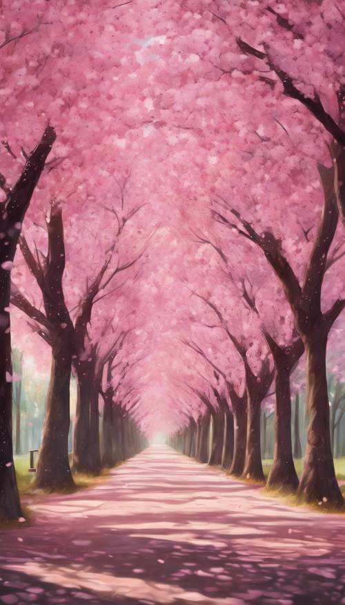 Lukisan pemandangan yang menampilkan jalan bunga sakura dengan kelopak bunga berwarna merah muda yang indah berjatuhan perlahan.