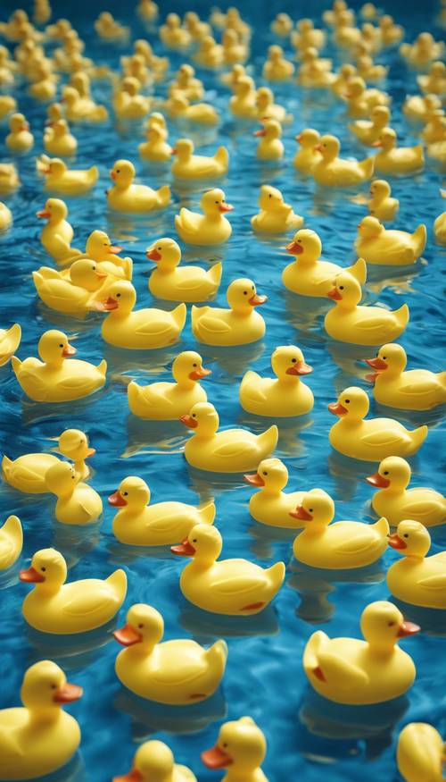 A playful pattern of pastel yellow rubber ducks floating on an endless calm blue water.