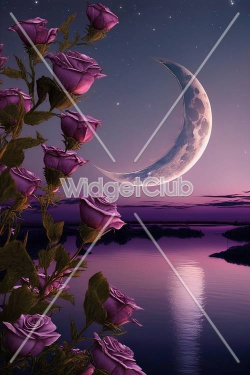 Rosas iluminadas por la luna junto al lago