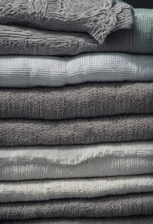 Una serie di asciugamani di lino grigi lussuosamente lavorati a maglia impilati ordinatamente in una spa. Sfondo [f46420f8c2f84a7ab3cc]