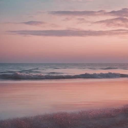 Uma foto de paisagem de um oceano calmo ao anoitecer, o céu está com um suave tom de ouro rosa.