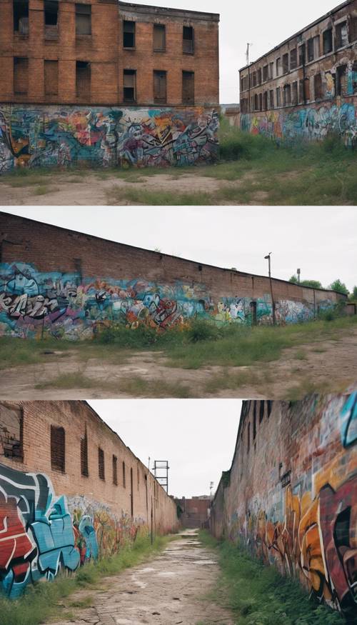 Vista panorâmica de uma parede de tijolos cheia de grafites localizada em uma área urbana abandonada.