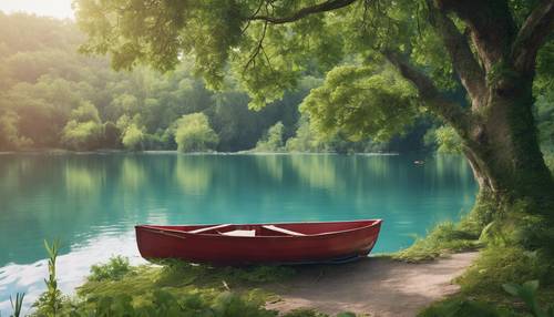 Un&#39;isola a forma di cuore in mezzo a un tranquillo lago azzurro, con una vegetazione verde lussureggiante e una piccola barca a remi rossa attraccata alla riva.