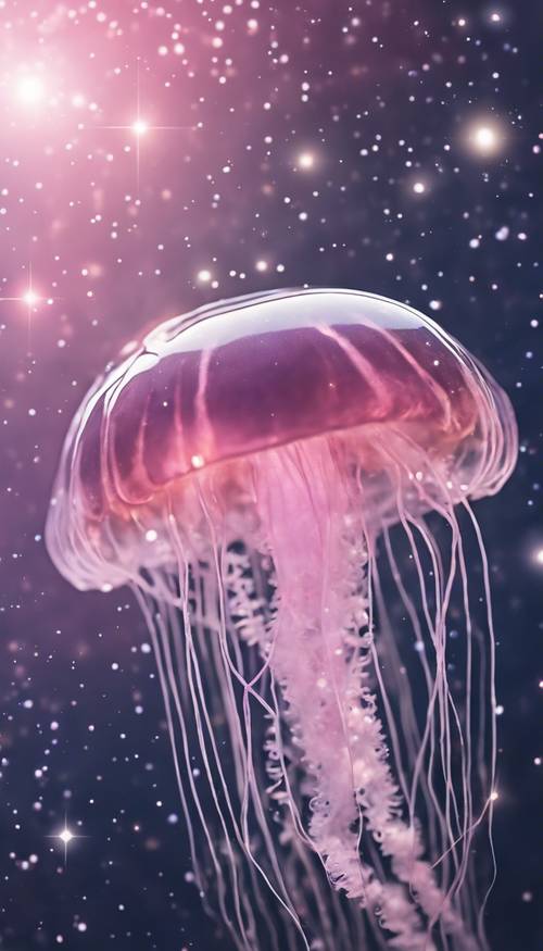 Una galaxia entera en azul marino y estrellas blancas detrás de una medusa rosa flotante y translúcida.
