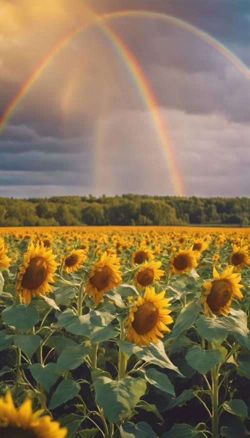 A vast field of blooming sunflowers with a rainbow in the distance Tapetai [b0c51e4bd36140dfa0c2]