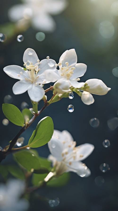 Ein heiterer Blick auf eine weiße Jasminblüte, geschmückt mit saphirblauen Tautropfen.