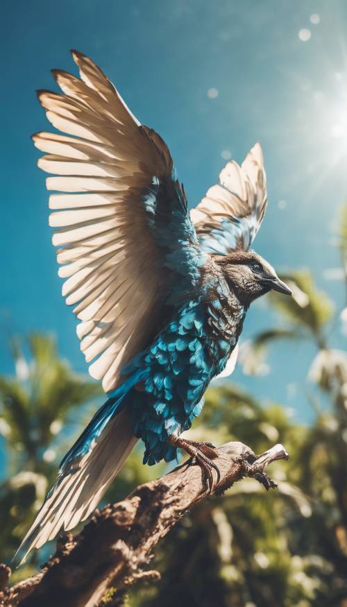 Ein exotischer Vogel, der majestätisch seine Flügel ausbreitet und hoch in einem klaren, blauen Sommerhimmel schwebt.