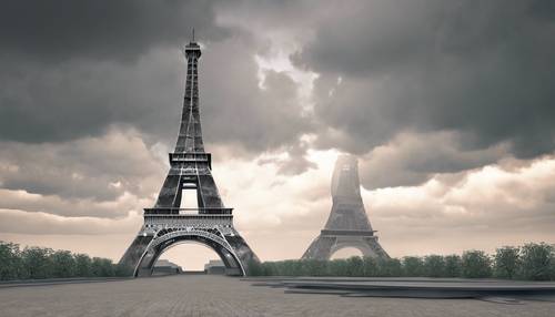 Model 3D menara Eiffel yang ikonik, baja abu-abu dengan latar langit mendung