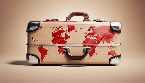 Ein offen liegender beiger Vintage-Koffer mit roten Aufklebern aus verschiedenen Ländern.