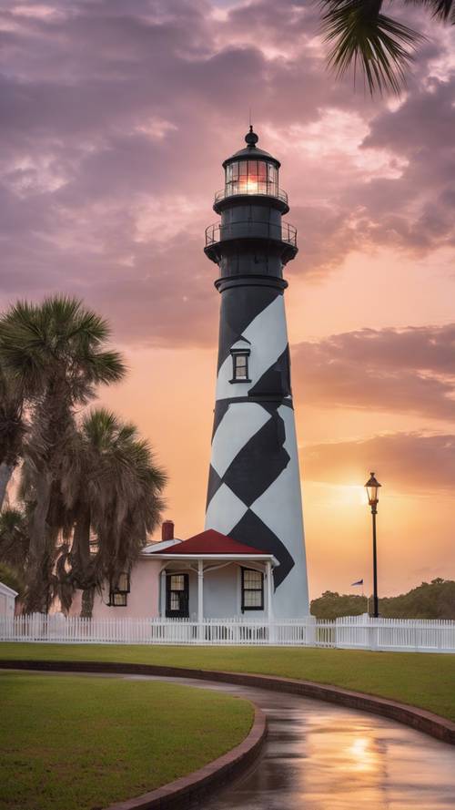 St. Augustine deniz fenerinde hafif, pastel renkli gün doğumu eşliğinde sessiz, sakin bir sabah manzarası.