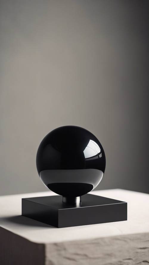 Uma elegante esfera preta assentada em um suporte de textura preta em uma sala de estilo minimalista.