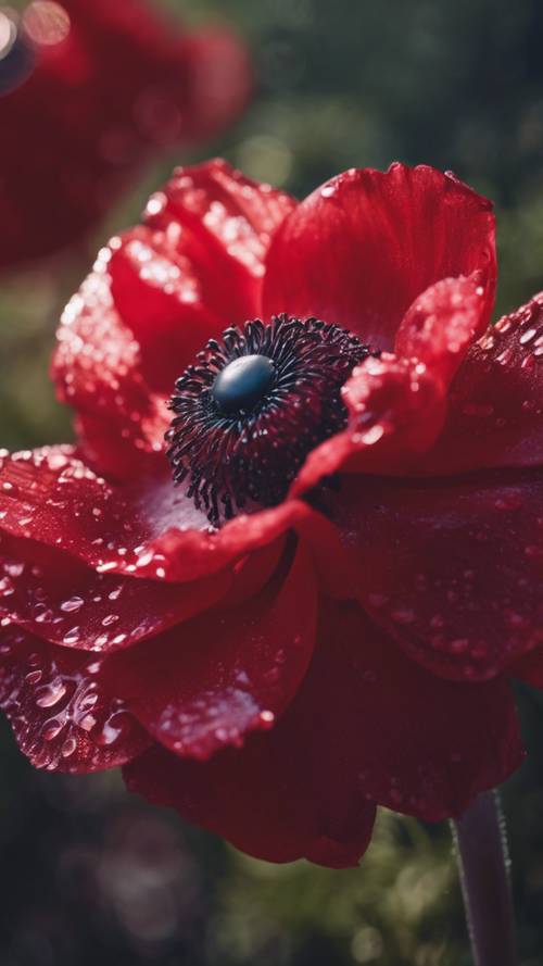 Um close de uma flor de anêmona em um tom profundo e vibrante de vermelho; orvalho da manhã brilhando em suas pétalas.