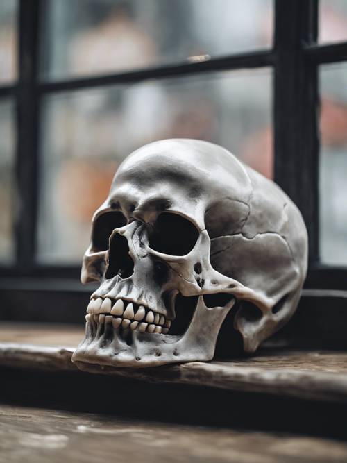 A gray skull resting on the window sill of a bustling bakery.
