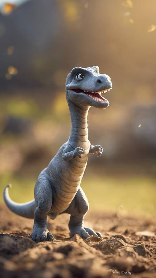 Un joven dinosaurio gris jugando felizmente bajo el sol de la tarde.