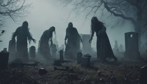 A group of zombies crawling out of a graveyard shrouded in mist on a chilling Halloween night.