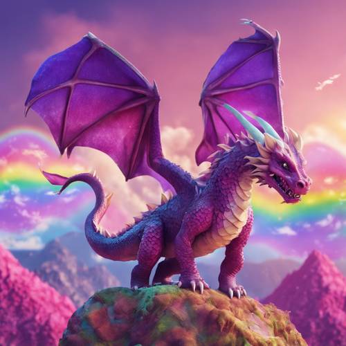 Un dragón de estilo kawaii con escamas moradas volando sobre las montañas arcoíris.