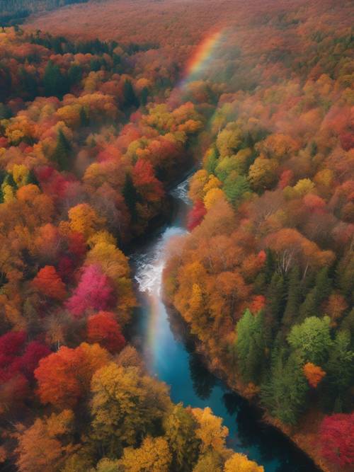 An aerial shot of a vast, vibrant rainbow casting its colors over a forest of autumn mountain foliage.
