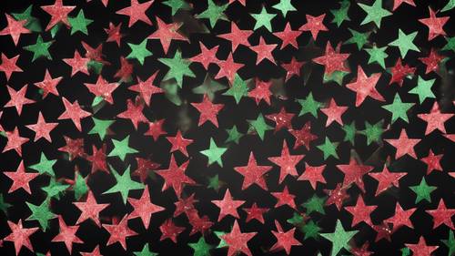 Glitter verde e vermelho formando formas de estrela em um fundo preto