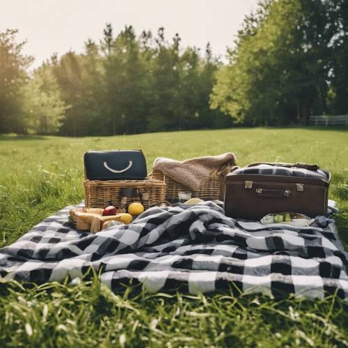 A picnic scene with a black and white plaid blanket spread on the lush green grass.