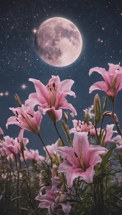Czarująca scena w świetle księżyca z różowymi liliami kwitnącymi pod usianym gwiazdami niebem.