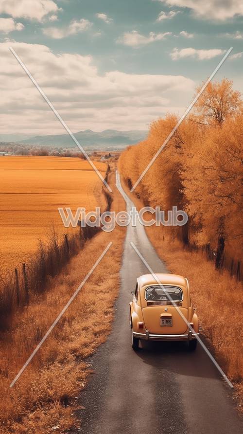 Golden Autumn Drive: Scenic Road and Vintage Car