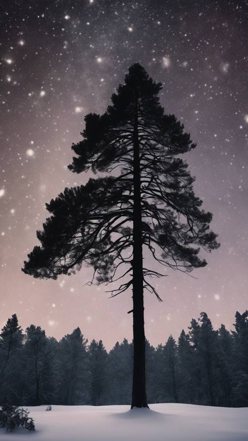在寒冷的冬夜，在黑暗、星光燦爛的天空下，松樹的輪廓高高地矗立。