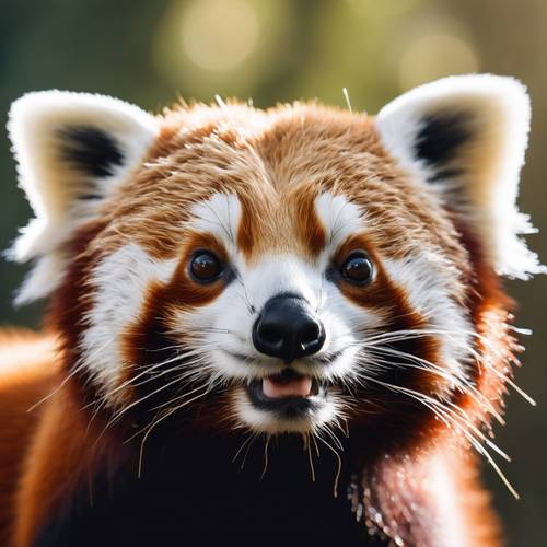 Tampilan jarak dekat dari wajah panda merah yang menggemaskan dan penuh kebingungan.