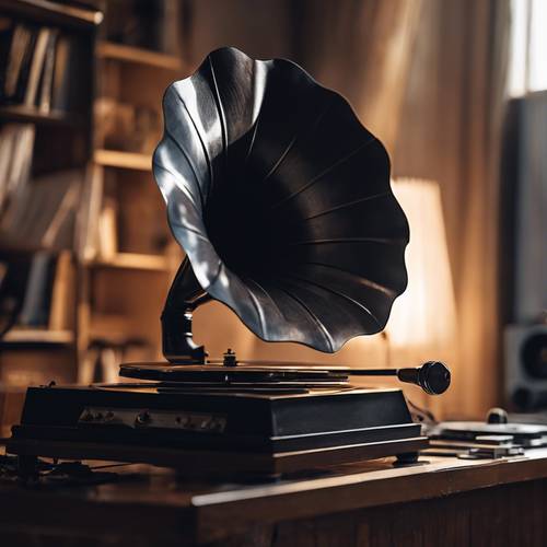 An old gramophone playing a vinyl record in a dimly lit room.