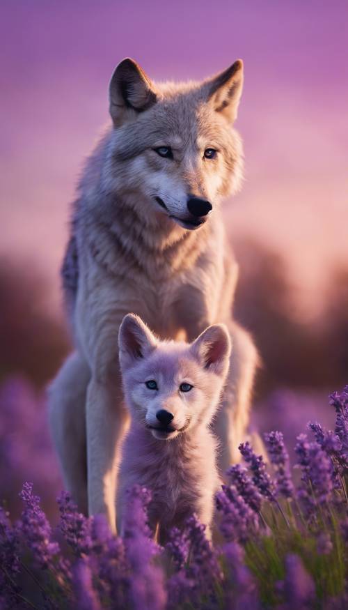ラベンダーの夕焼けに、遊び心満載のライラック色のオオカミの子供が母に狩りの仕方を教わっている様子かわいいオオカミの壁紙