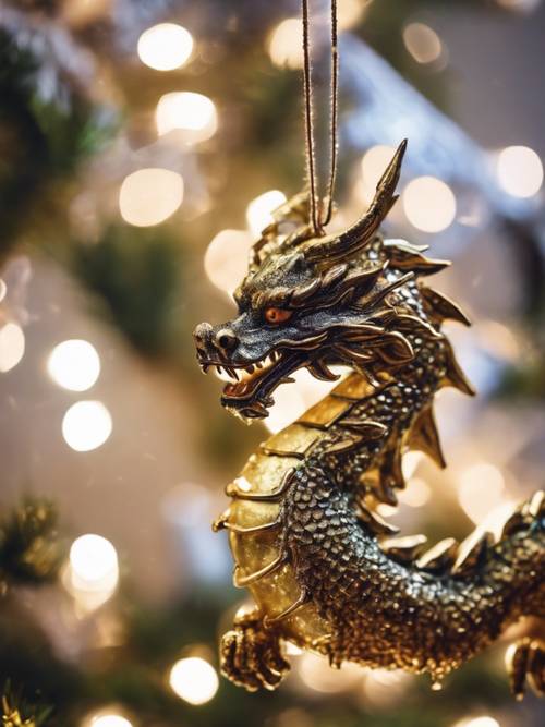 A Japanese dragon ornament hanging in a festive Christmas tree.