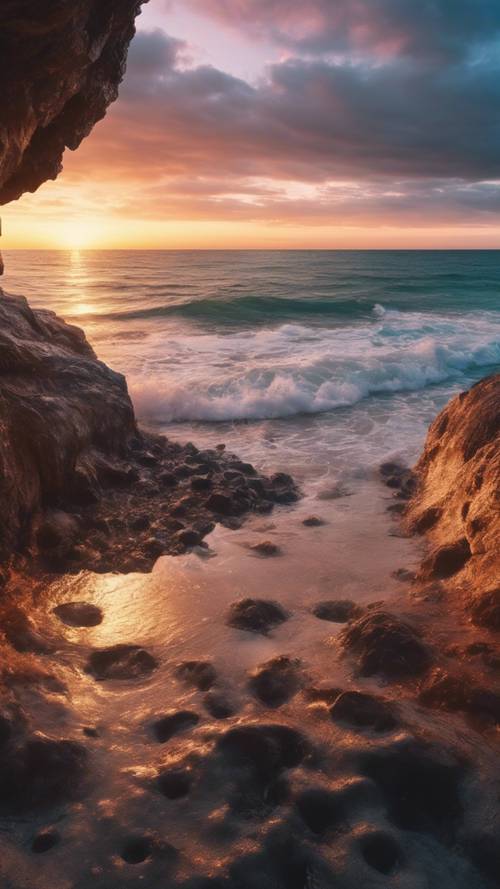 Otwór jaskini z widokiem na morze podczas kolorowego zachodu słońca.