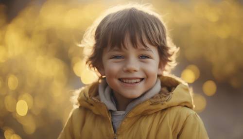 一个小孩，带着温柔的微笑，周围环绕着柔和的黄色光环。