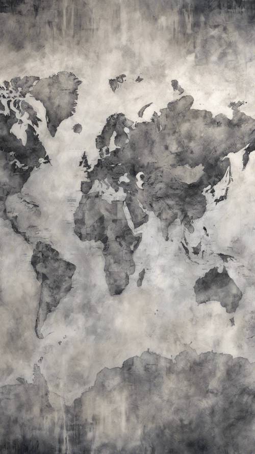 A world map artistically painted in various shades of gray on a canvas.