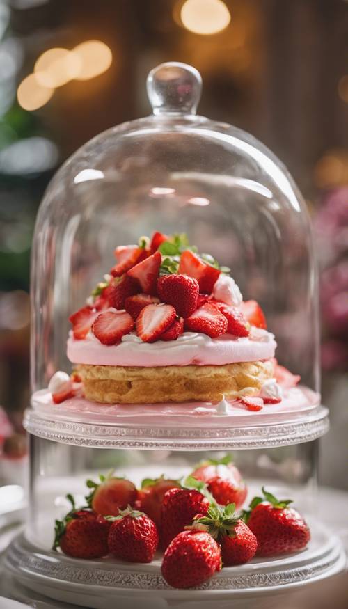 A scrumptious strawberry shortcake under a glass cloche in a fancy patisserie.