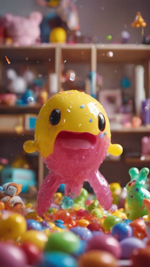 Крошечный слайм со счастливым выражением лица прыгает в детской комнате, наполненной разноцветными игрушками.