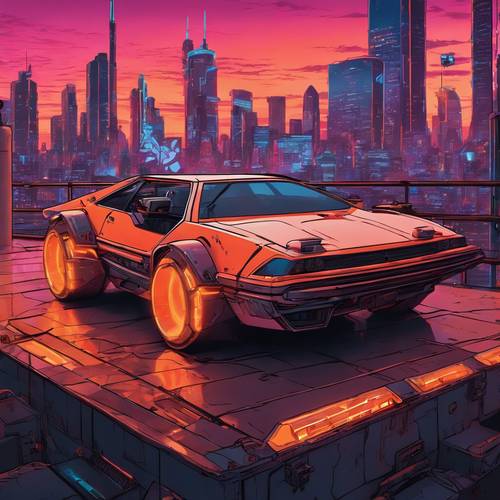 Un&#39;auto cyberpunk con uno spettacolare spoiler e un&#39;illuminazione arancione brillante, parcheggiata su un tetto che osserva lo skyline notturno.