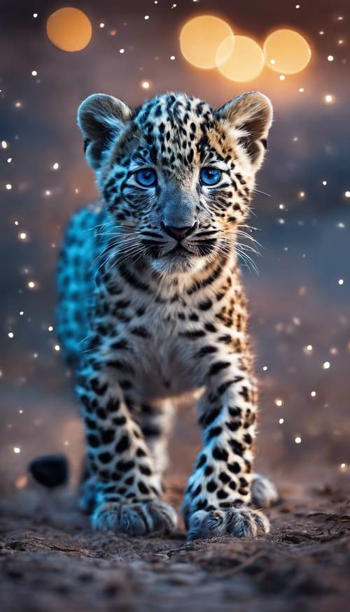 Un giovane cucciolo giocoso di leopardo blu che esplora con curiosità i suoi dintorni sotto la notte illuminata dalla luna. Sfondo [6c7899ece4744a758dc1]