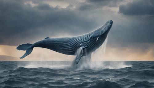 Seekor paus biru muncul ke permukaan di lautan badai dengan kilat di latar belakang.