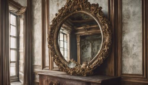 Un espejo envejecido de estilo renacentista que refleja una habitación antigua.