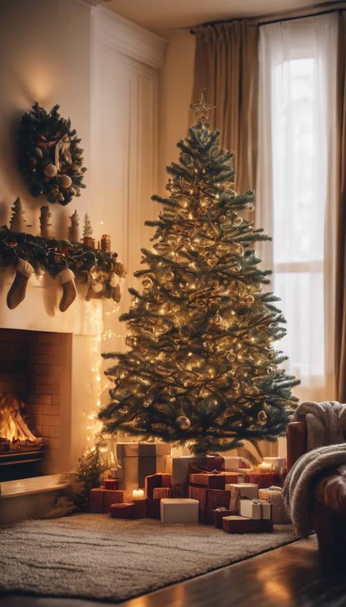 Uma cena interna bem iluminada com uma árvore de Natal com enfeites naturais e uma lareira ao fundo.