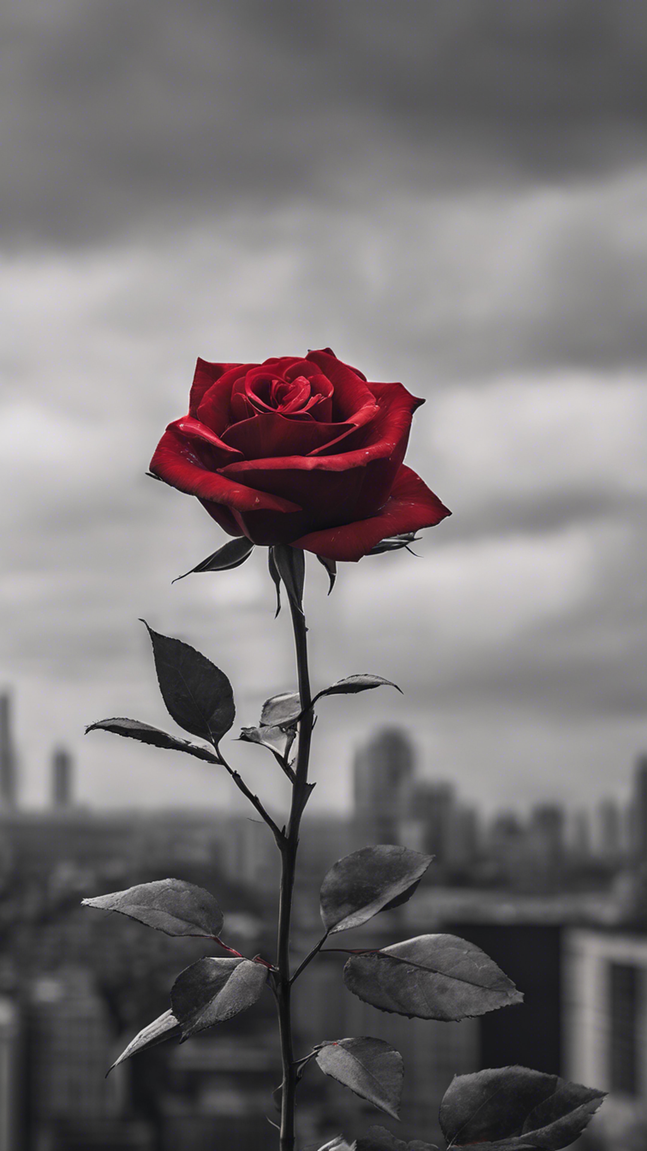 A single red rose against a stark monochromatic skyline, showcasing a blend of traditional and modern aesthetics. Tapeta na zeď[06755ed57f674bb9bcbb]