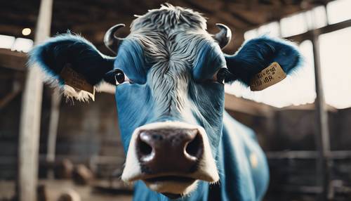 Bidikan close-up sapi biru yang sangat detail dan realistis, menatap penonton dengan penuh rasa ingin tahu.