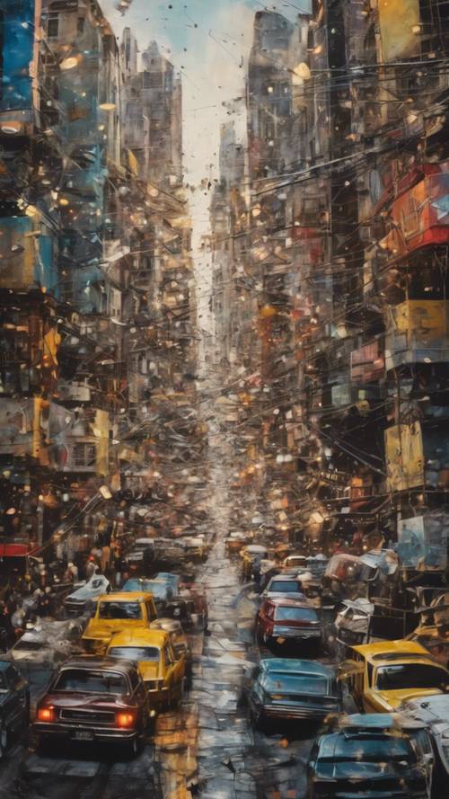 An abstract painting showing the chaos and order inherent in a bustling city.